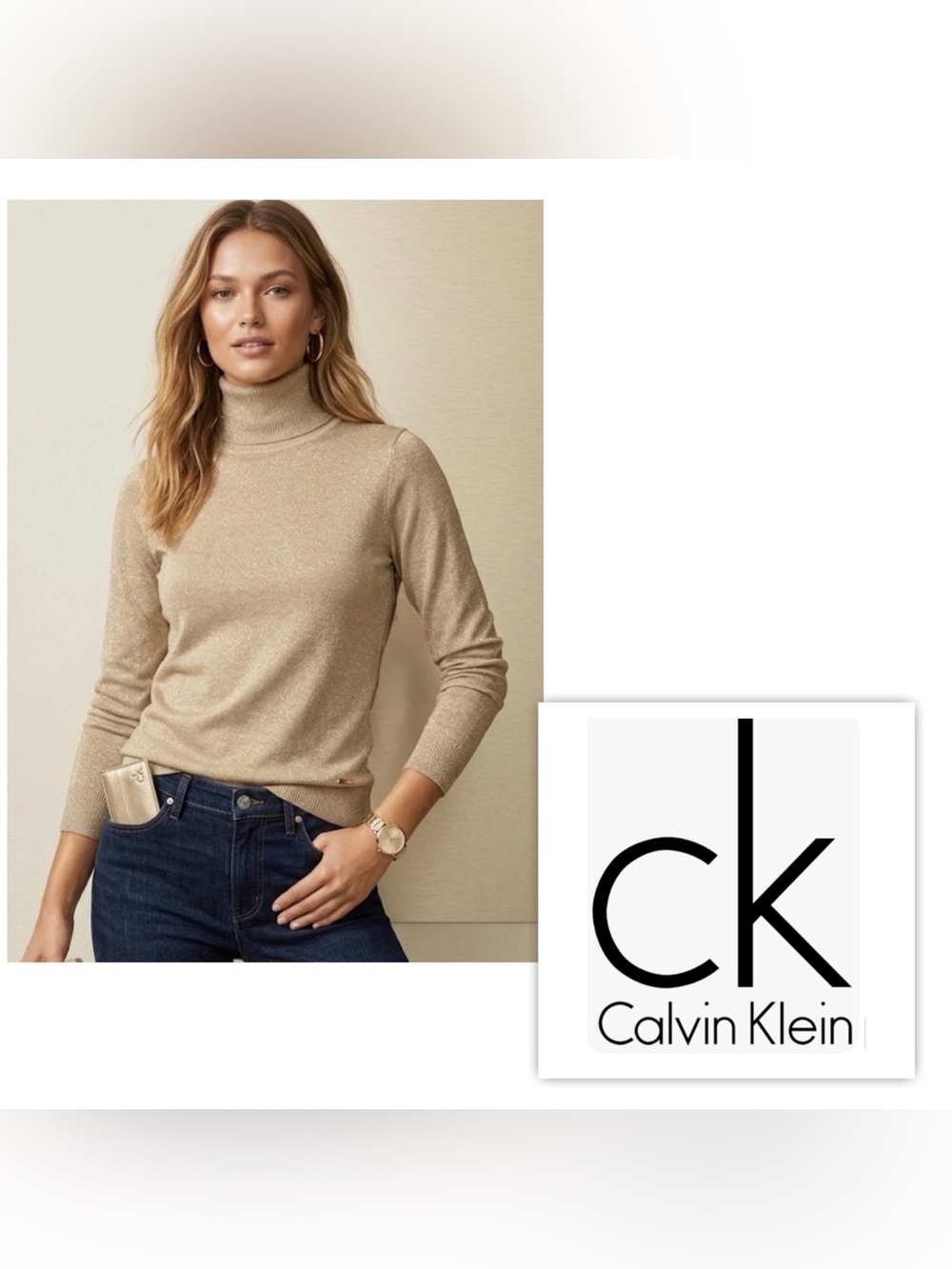 NWOT $70 Calvin Klein Women S Tan Gold Metallic Shimmer Turtleneck Sweater Top